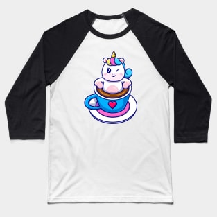 Cute Unicorn Relaxing In Coffee Cup Cartoon Baseball T-Shirt